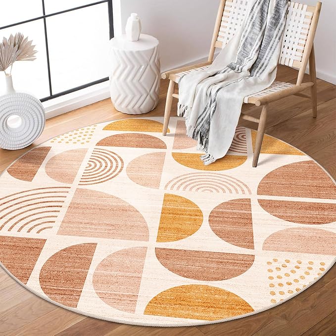 Round Rug 4ft Small Circle Area Rug Washable Non Slip Modern Abstract | Circular Rugs for Entryway Bedroom Kitchen Boho Throw Carpet Soft Low Pile Floor Indoor Bohemian Orange