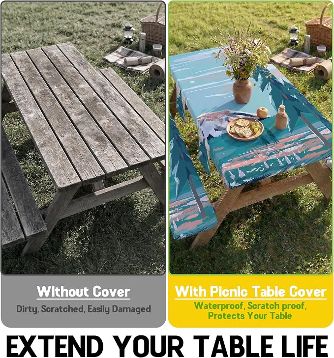 Picnic Table Cover with Bench Covers Elastic Table Cloth Cool Unique Fun Ideas Birthday Christmas Xmas Valentine's Day Camping Gifts for Camper RV Owner Camping Lovers Couple Women Men Mother Father