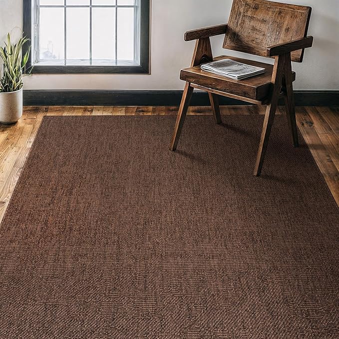 CAMILSON Easy Jute Rug 4x6, Indoor Outdoor Brown Color Fiber Area Rugs for Living Room Patio and Kitchen Rug, Solid Boho Woven Design, Easy-Cleaning, Washable Outside Carpet Alfombras (4 x 4)