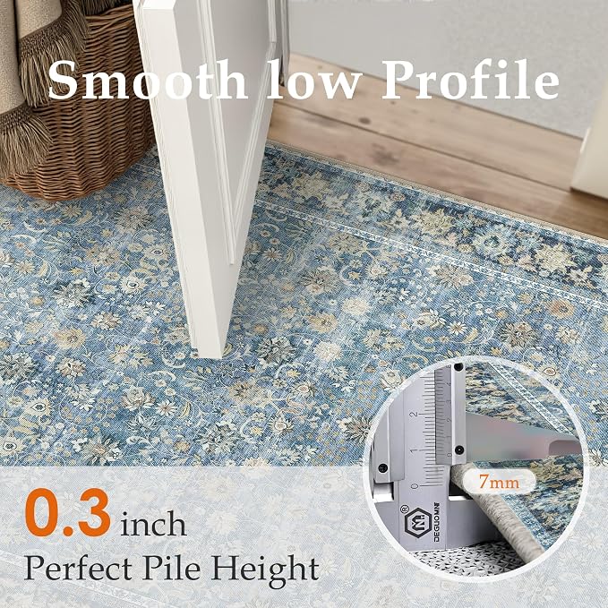 HUGEAR 5x7 Machine Washable Rugs Light Blue Hallway Area Rug Indoor Accent Rug Floral Low Pile Carpet Soft Throw Aesthetic Rug Bedroom Living Room Office Dining Room Kitchen Laundry Room Non Slip