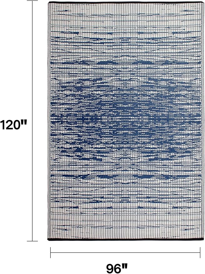 Fab Habitat Abstract Distressed Stripes Outdoor Rug - Waterproof, Fade Resistant, Crease-Free, Reversible - Premium Recycled Plastic - Patio Porch Balcony Deck - Brooklyn Blue - 8x10 ft