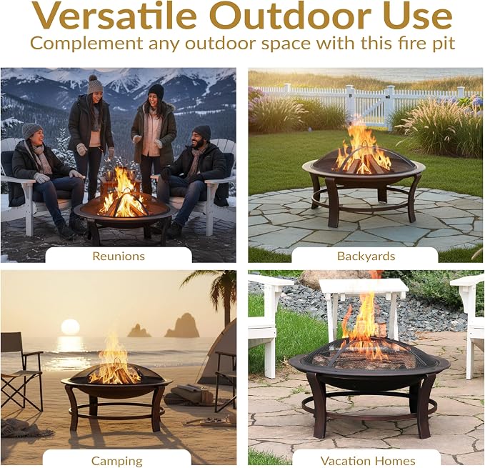 Sunnydaze 29-Inch Elevated Wood-Burning Fire Pit Bowl with Stand - Includes Spark Screen, Wood Grate, and Poker