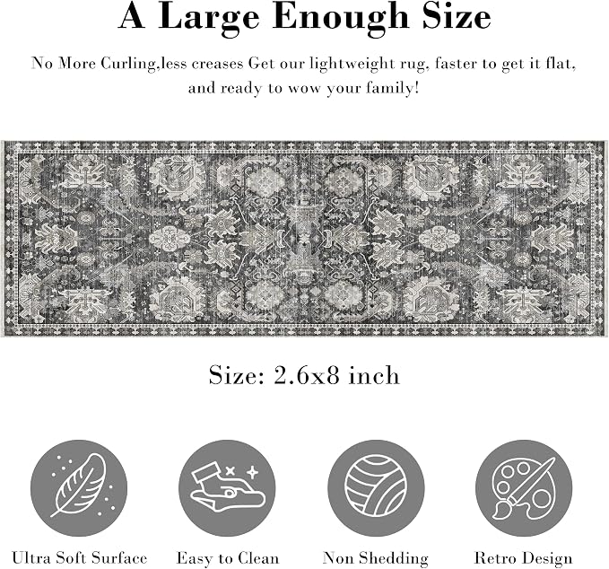 Washable Area Rugs - Perfect for Living Room, Bedroom, Kids Room, Nursery - Stain & Water Resistant Non-Slip, Pet & Child Friendly, Vintage Tribal Area Rugs (Grey, 2'6'' x 8')