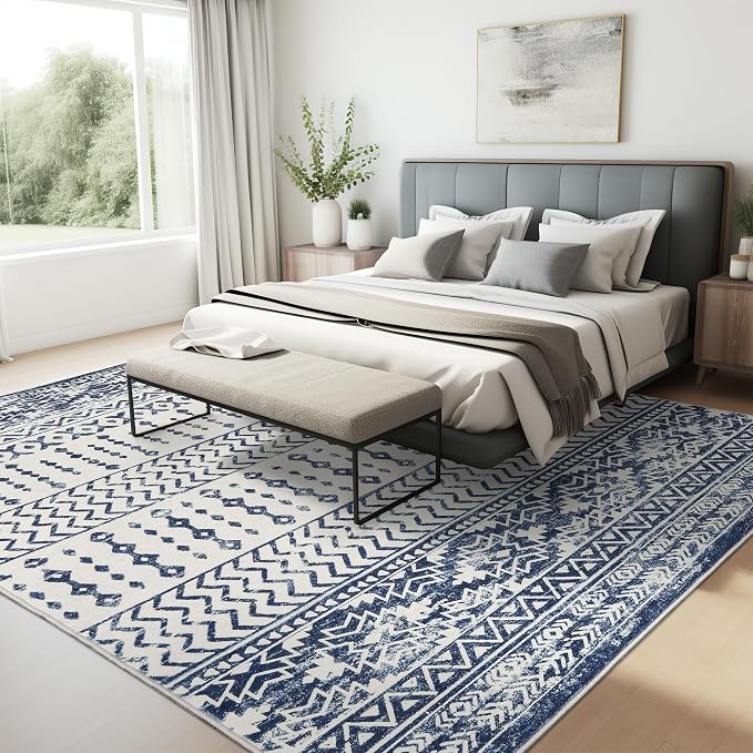 Art&Tuft Washable Rugs 8x10, Area Rugs for Living Room, Blue | Low Pile, Soft & Lighweight, Folable, Stain Resistant Indoor Floor Mat Moroccan Carpet for Bedroom, Dining Room, Home Office