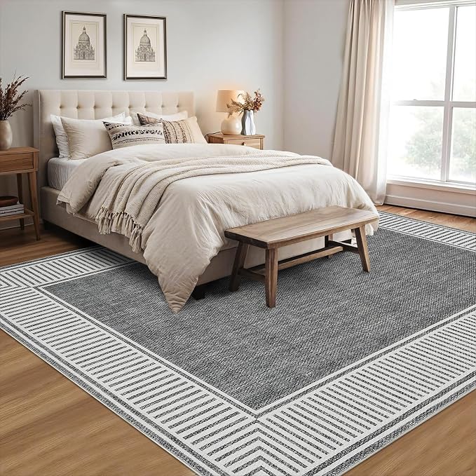 GarveeHome Washable Rug 5x7 for Bedroom Non Slip Large Living Room Rug | with Rubber Backing Casual Striped Border Throw Carpet Modern Contemporary Area Rug for Dining Room Nursery Entry, Grey