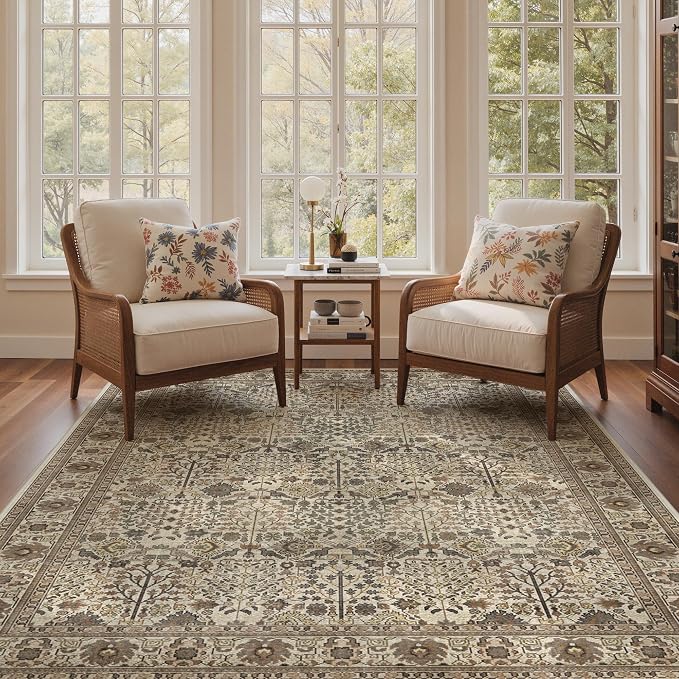 4x6 Area Rug for Living Room, Washable Low Pile, Dark Espresso | Vintage Distressed Design, Spill Resistant Lightweight Non-Shedding Carpet for Bedroom, Dining Room, Office
