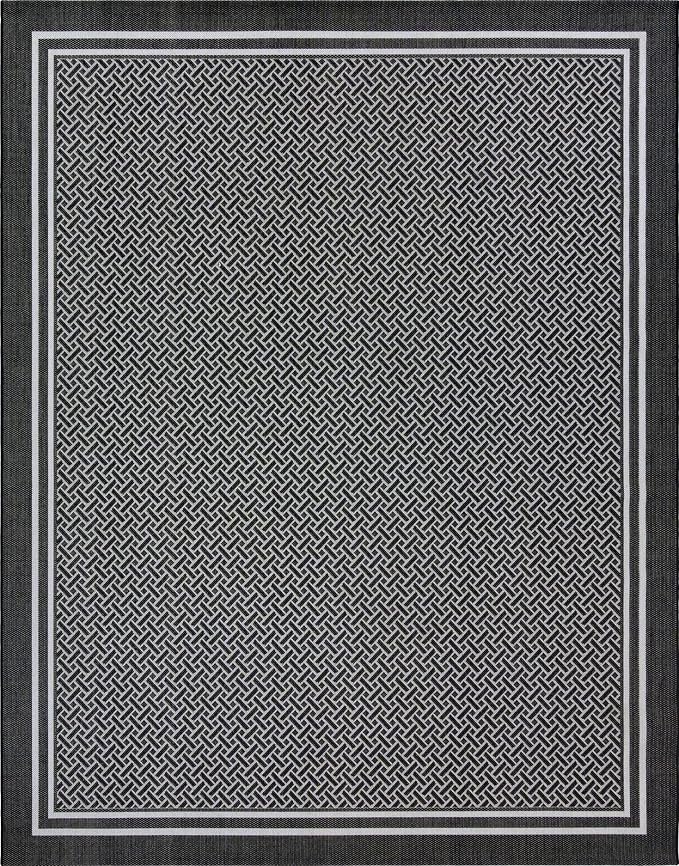 Gertmenian Indoor/Outdoor Flatweave Area Rug - 8x10 Large, Stain & UV Resistant, Ideal for Deck, Patio, Poolside, Mudroom - Border, Black and White, 22257