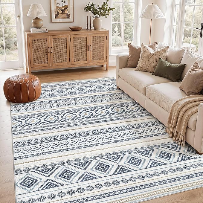 cotiled 6x9 Area Rugs for Living Room: Boho Washable Rug for Dining Room | Solve Modern Neutral Trendy Home Decor - Stain Resistan Indoor Soft Carpet for Bedroom Nursery Blue