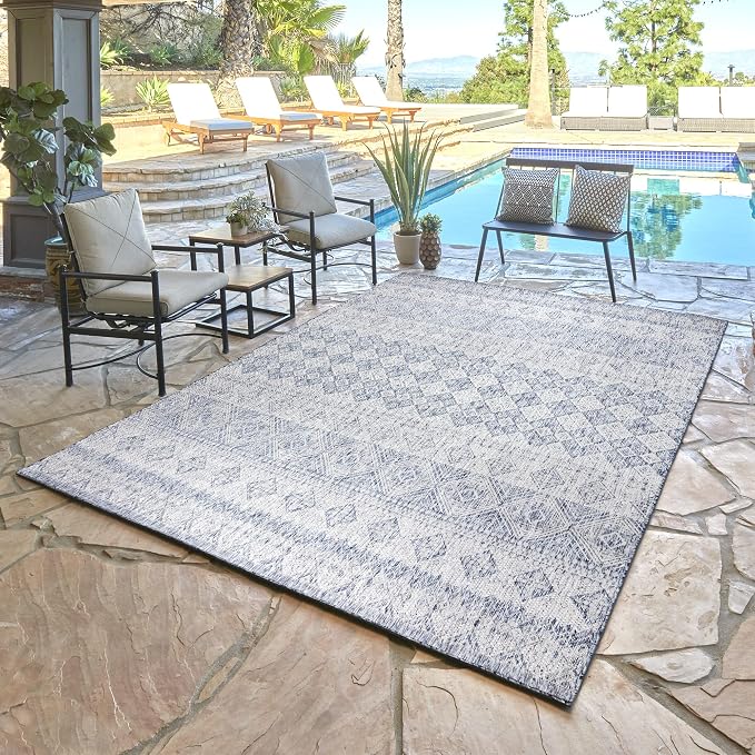 Gertmenian Indoor Outdoor Area Rug, Classic Flatweave, Moroccan Collection II, Stain & UV Resistant Carpet, Deck, Patio, Poolside & Mudroom, 8x10 Large, Vintage Blue Distressed Classic Tribal, 19499