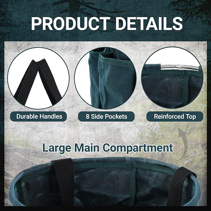 8 Pockets Canvas Tool Organizer Folds Flat to 3-Inch, Bucket Tool Organizer, Reusable Grocery Storage Tote for Garden/Home/Outdoor/Car, 13.5" D x 12.5" H | Dark Green