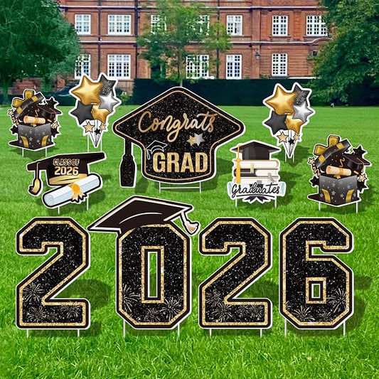 Large 11 PCS Graduation Yard Signs, Class of 2026 Congrats Grad Outdoor Lawn Yard Sign with Stakes, Graduate Yard Decorations for College High School Party, Black and Gold