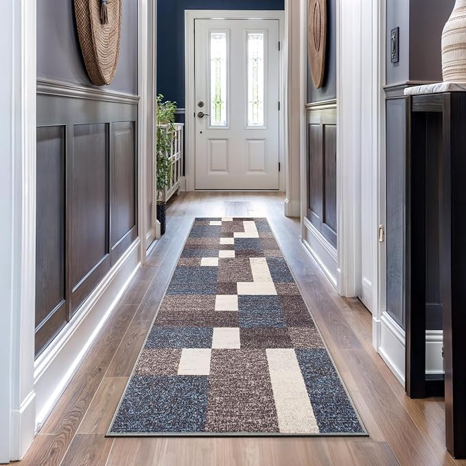 Rugshop Modern Boxes Non-Slip Contemporary Runner Rug Blue 2'7" x 12' | Rectangular, Size 2'7" x 12', Living Room, Bedroom, Dining Room, Home Office, Kitchen, Entryway, Hallway, Nursery, Kids Room