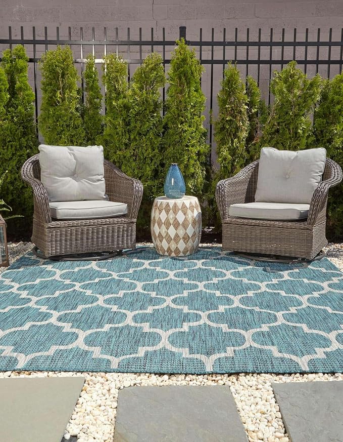 Unique Loom Outdoor Trellis Collection Area Rug (6' 1" Square Teal/Gray)