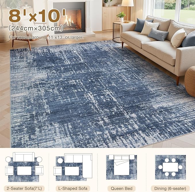 kakania Abstract 8x10 Area Rugs for Living Room: Washable Rugs Dark Blue | Soft, Non-Slip, Low-Pile, Pet & Kid Friendly - Large Modern Home Decor Carpet for Bedroom/Dining Room/Office/Nursery