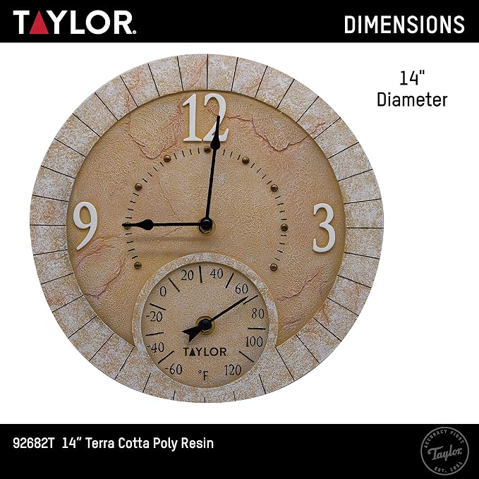Taylor Terra Cotta Poly Resin Indoor and Outdoor Clock and Thermometer, Home Decor for Garden, Patio, Pool, and Indoor Areas, 14-inch, Multi-Color