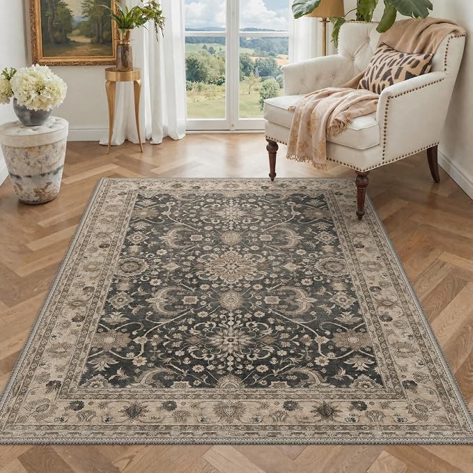 5X7 Area Rug for Living Room, Washable Boho Oriental Floral Non Slip | Easy Care Faux Wool Rug for Bedroom Dining Room, Dusty Taupe Vintage Floral Rug, Non-Shedding, Vacuum Friendly, Thin Indoor