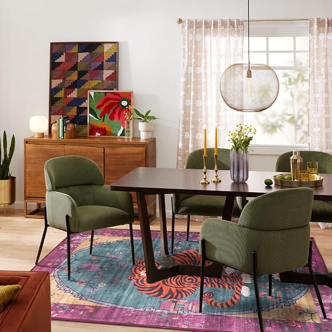 Tiger Rug Washable 4x6 ft Oriental Traditional Animal Print Vintage Purple-Green Floral Tibetan Rugs for Bedroom Kitchen Living Room Indoor Entryway