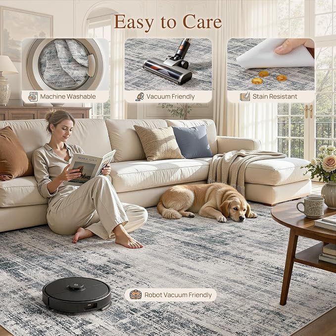 UERMEI 10x14 Area Rug for Living Room Washable Abstract Gray Carpet | Low Pile Non-Slip Soft Neutral Modern Kid Pet Friendly Large Rugs For Bedroom Dining Room Nursery Office Indoor Decor