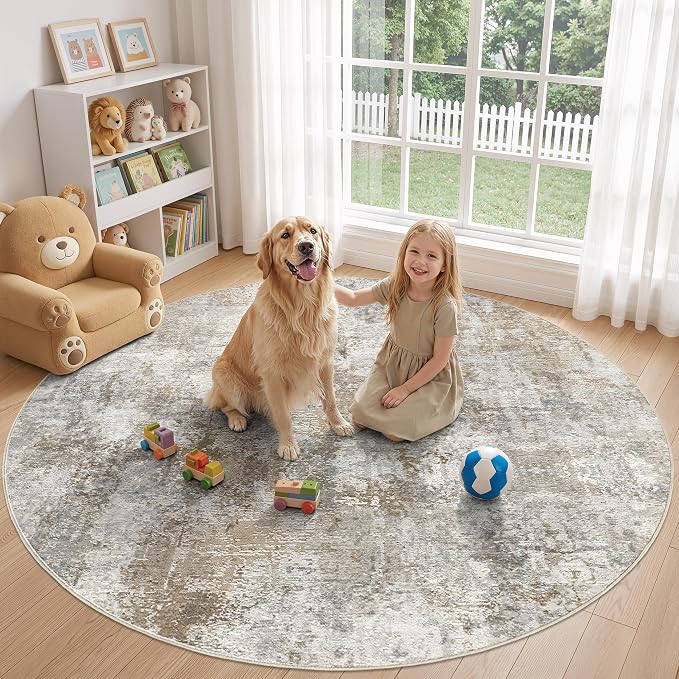 8Ft Round Area Rug Washable Abstract Rugs for Living Room Light Brown/Grey | for Bedroom, Dining Room, Office, Nursery, Soft Neutral, Low Pile Non-Slip, Kid Pet Friendly, Large Indoor Carpet, Home Decor