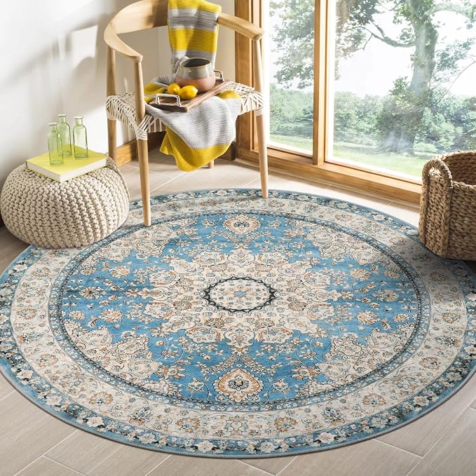 Lahome Felice Oriental Floral Medallion Round Rug - 4Ft Blue Vintage Round Kitchen Area Rug, Soft Non-Slip Washable Coffee Table Mat Indoor Accent Laundry Room Carpet for Classroom Entrance Office