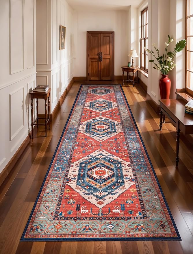 SERISSA 3x12 Washable Non Slip Boho Runner Rug for Hallway，Rust | Ultra Soft Vintage Oriental Carpet Low-Pile Extra Long Tribal Floor Carpet for Stair Kitchen Bedroom Bathroom Laundry Room