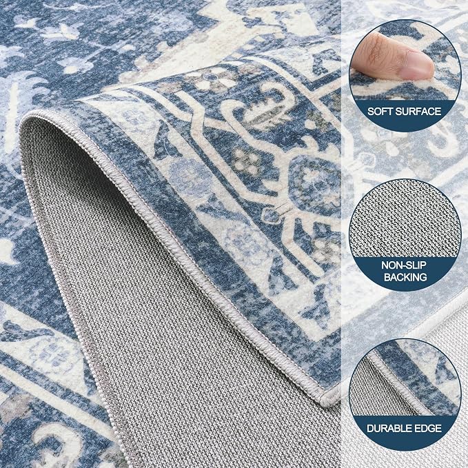 5x7 Washable Area Rugs for Bedroom Blue Non-Slip Rug | Vintage Medallion Rug，Soft Low Pile Large Rugs，Indoor Retro Carpet for Bedroom Nursery Dining Table Farmhouse Home Office
