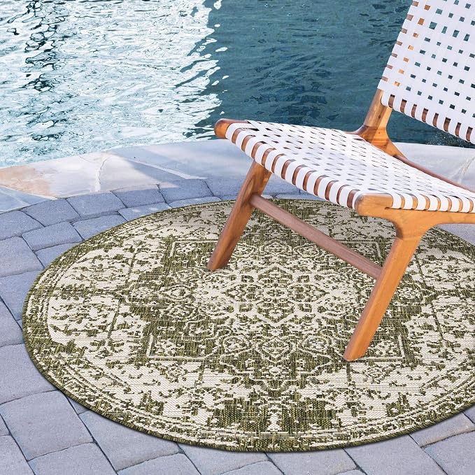 Unique Loom Outdoor Collection Area Rug - Dubai (4' 1' Round, Green/ Ivory)