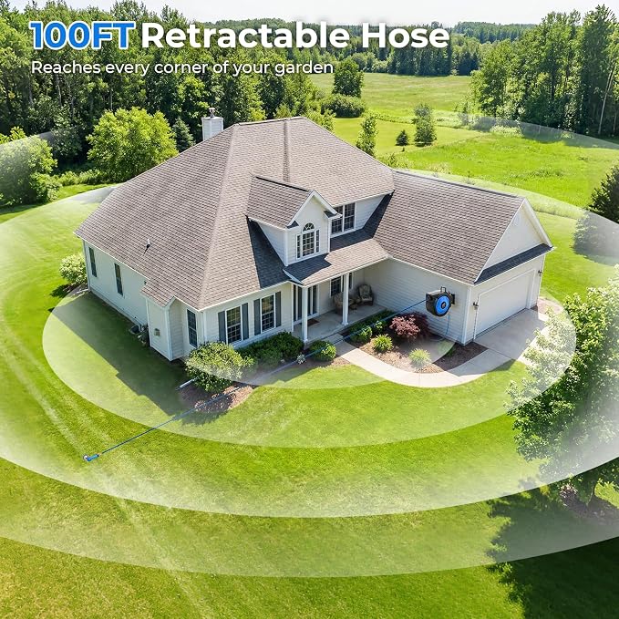 Retractable Garden Hose Reel, 1/2 Inch x 100 ft + 6.6 ft Heavy Duty Wall Mounted Hose Reel with 10 Patterns Nozzle, Any Length Lock, Upgraded Slow Return System, 180°Swivel Bracket and UV Resistant