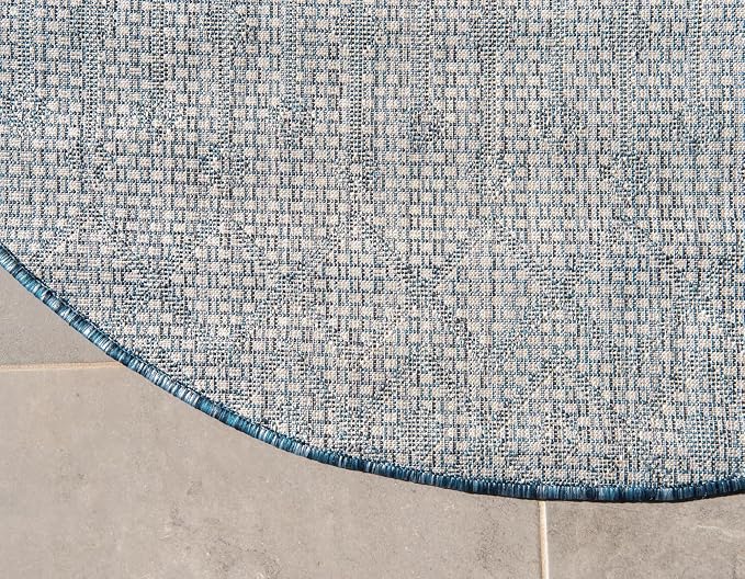 Unique Loom Outdoor Trellis Collection Area Rug - Tribal Trellis (12' Round, Blue/ Ivory)