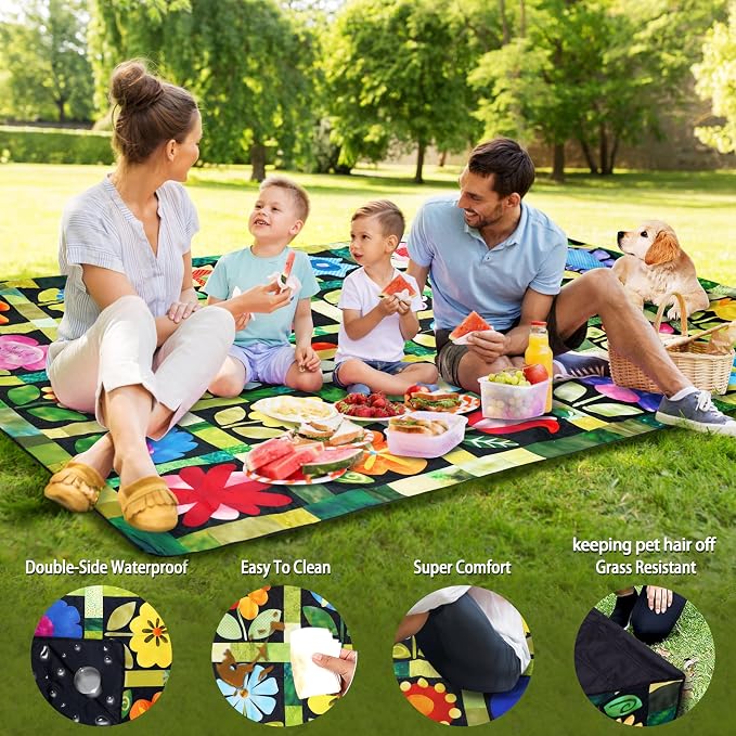 Picnic Blankets Beach Blanket 80" X 80" Extra Large Waterproof Camping Blankets Portable Outdoor Mat 3-Layer Blanket for Beach, Hiking, Park, Music Festival, Grass Lawn,Travel