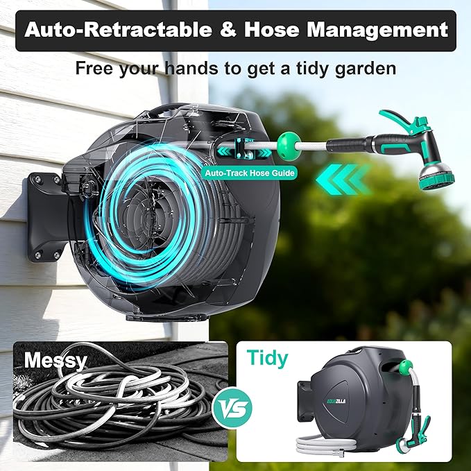 Retractable Garden Hose Reel - 5/8 in x 100 ft Automatic Wall Mount Heavy Duty Automatic Water Hose Reel with 9 Patterns Nozzle, Kink-Resistant Hose, 180° Swivel, Auto-Lock for Outdoor Watering