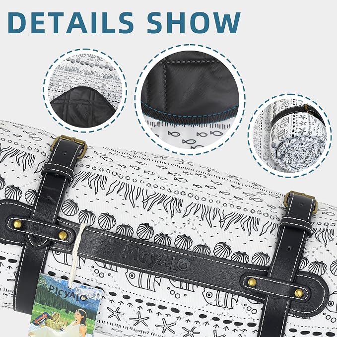 80x80” Double Thickened Picnic Blankets(150g High Density Cotton Stuffed) White Fish Pattern Outdoor Picnic Mat Portable Picnic Blanket Foldable with Leather Carry Strap Beach Blanket