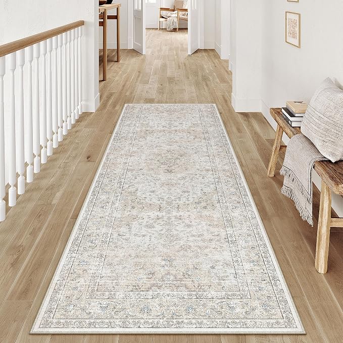 2x6 Washable Runner Rug Beige Grey Non Slip Vintage Carpet | Low Pile, Stain Resistant, Hallway, Kitchen, Bedroom, Entryway, Laundry Room, Soft, Thin, Lightweight
