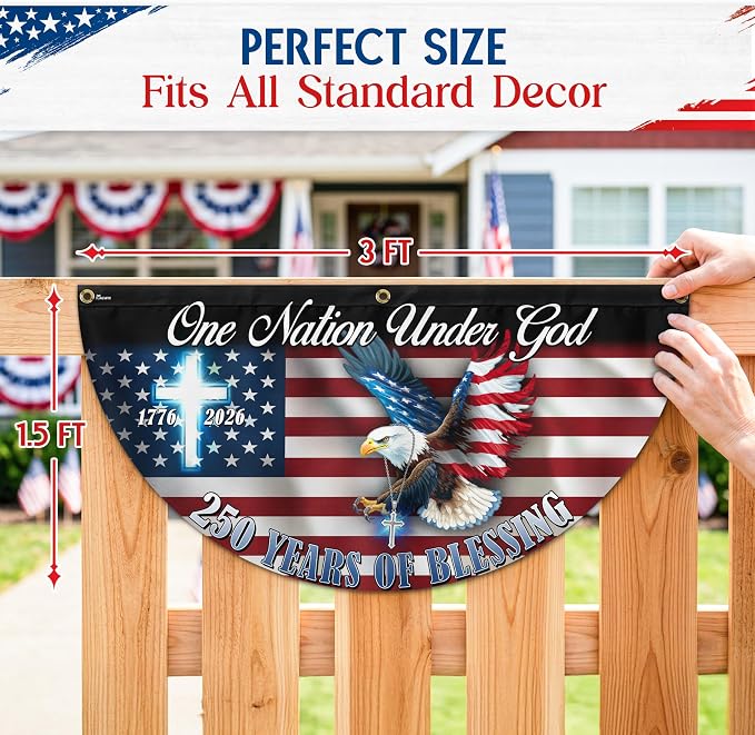 FLAGWIX American 250 Years Anniversary Fan Flag - Polyester Double-sided One Nation Under God Flags For Outside Bunting Flag, 1.5x3 ft - 4th of July Decorations for Home Yard Garden Decor Banner