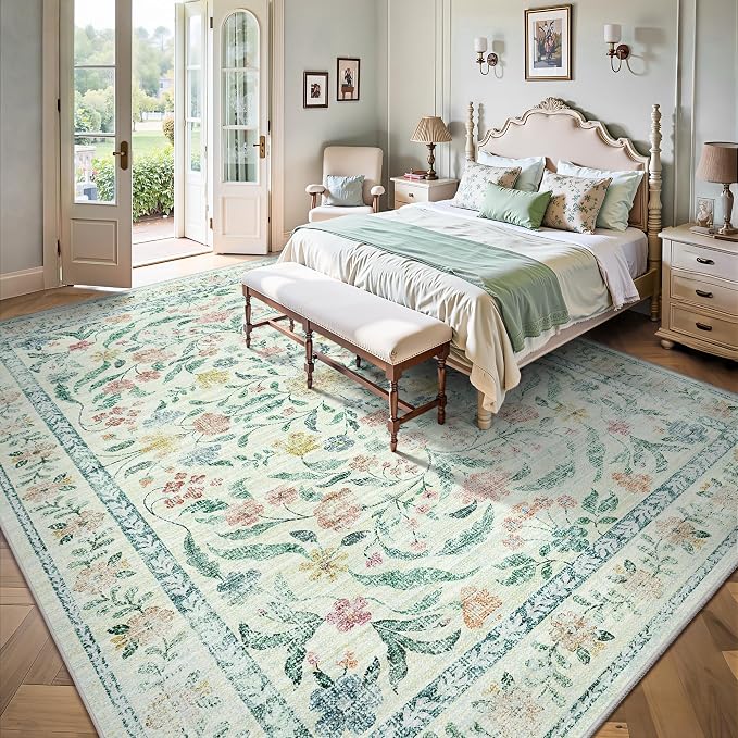 8x10 Area Rugs, Machine Washable Low Pile Floral Rugs for Living Room, Bedroom, Large Boho Area Rug with Non-Slip Backing for Dining Room(Beige Bloom)