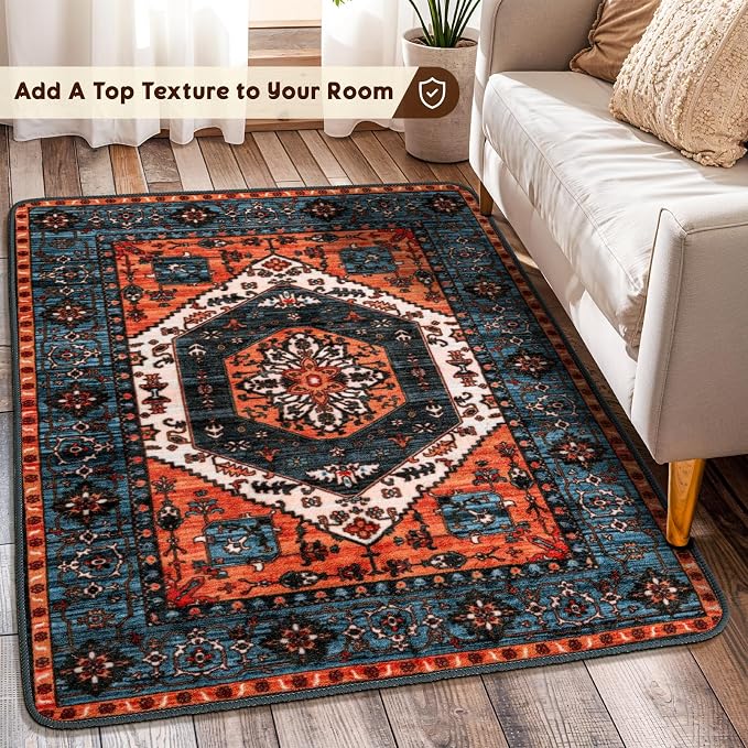 LBRO2M Machine Washable Rug Soft Pet Friendly Carpet 2X3 Rust Teal | Persian Rug 2X3 for Entryway, Kitchen, Bathroom Non Slip Carpet, Foldable Stain Resistant Rugs