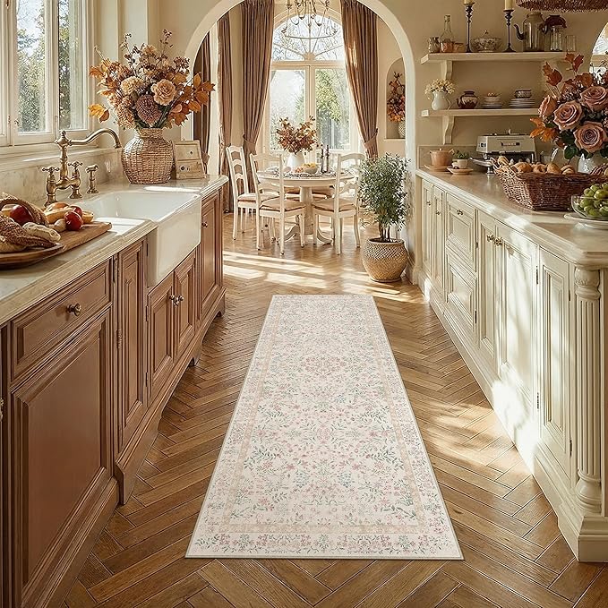 2x5 Pink Floral Runner Rug Vintage Farmhouse Style | Washable, Non Slip, Soft Low Pile, Hallway Carpet for Kitchen, Entryway, Laundry Room, Botanical Decor