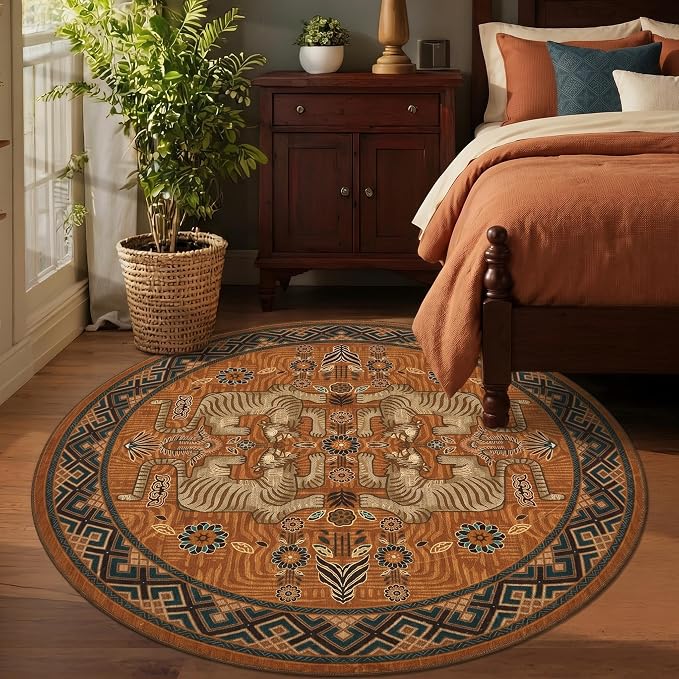 GarveeHome Tiger Round Area Rugs Boho Bedroom Non Slip Washable Vintage | 4ft Orange Animal Print Bedroom Circle Rugs,Tribal Floor Carpet for Dining Room Entryway Nursery Playroom Office