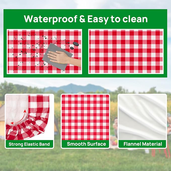 RNOONY Vinyl Fitted Picnic Table Cover with Bench Covers and Bag, 6ft Outdoor Waterproof Picnic Tablecloth with Elastic Edges, 72x30 Inches 3 Pcs Set (Red Checkered)