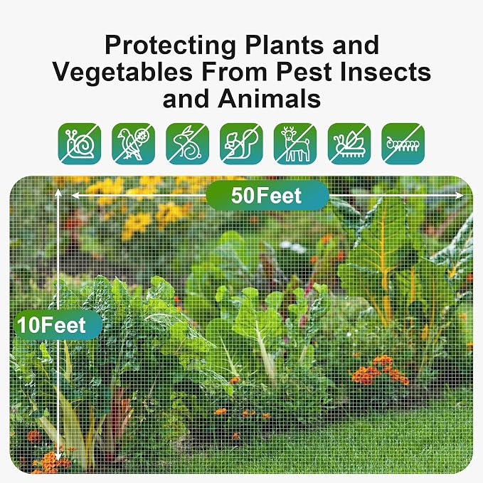 Garden Netting Pest Barrier: 10'x50' Fine Bug Netting for Garden Protection Row Cover Raised Bed Screen Mesh Greenhouse Mosquito Net, Protecting Tree Plants Vegetable Flowers Fruits