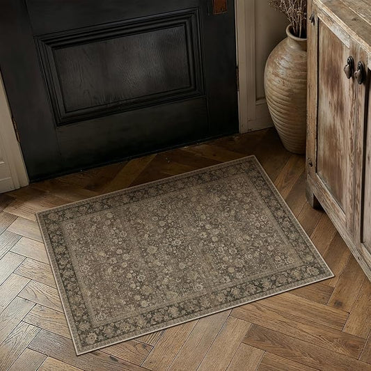 HUGEAR 2x3 Indoor/Outdoor Rug Brown Linen-Look Fabric Vintage Area Rug High Traffic Stain Resistant Easy Clean Durable Rugs for Living Kitchen Patio Deck Balcony Porch Garden Courtyard