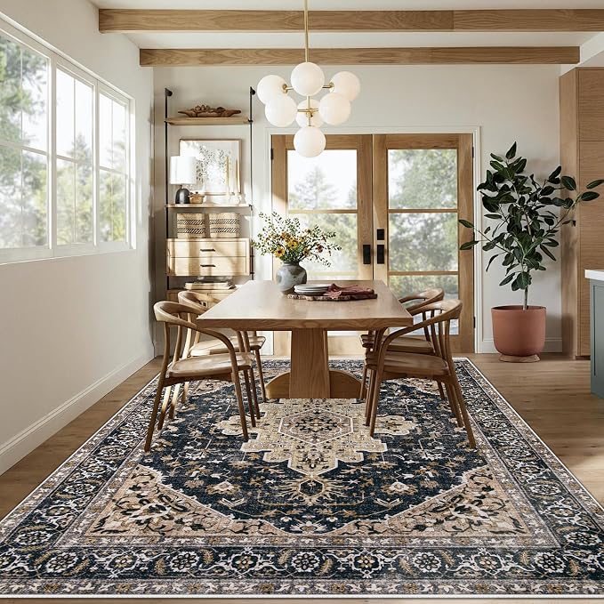 Area Rugs 9x12 Vintage Rug: Large Washable Living Room Rug Retro Medallion Distressed Soft Low Pile Non-Slip Indoor Floor Carpet for Bedroom Dining Table Office (BeigeBlack,9'x12')
