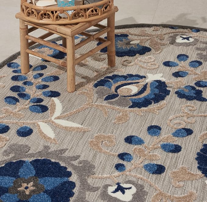Nourison Home Aloha Natural Blue 5'3" x Round Area Rug - Easy Clean, Non Shedding, Bed Room, Living Room, Dining Room, Kitchen (5' x Round)