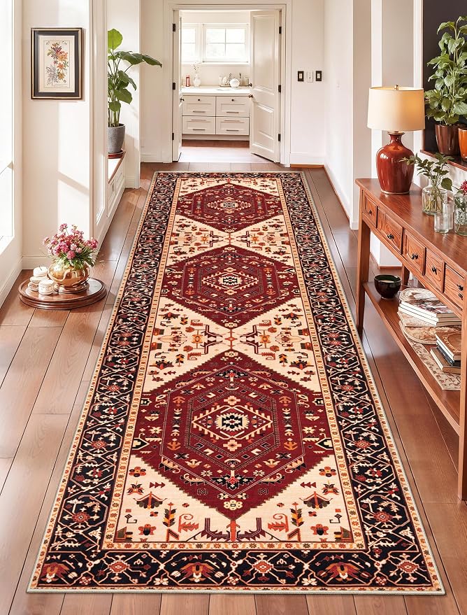 SERISSA 2'6"x8' Washable Non Slip Boho Runner Rug for Hallway，Red Black | Ultra Soft Vintage Oriental Carpet Low-Pile Distressed Tribal Floor Carpet for Kitchen Bedroom Bathroom Laundry Room