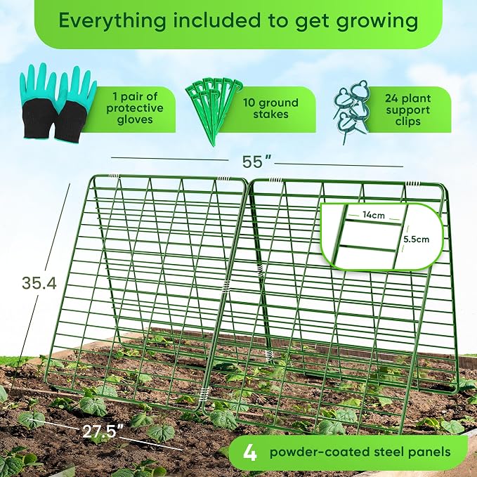 GOLETIO Cucumber Trellis for Raised Bed - 35" x 55" Garden Trellis for Climbing Plants Outdoor - A Frame Trellis for Climbing Vegetables with Plant Support Clips and Gloves