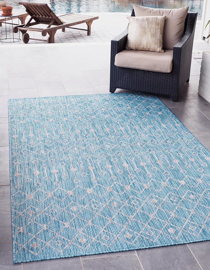 Unique Loom Outdoor Trellis Collection Area Rug - Tribal Trellis (10' x 13' 1" Rectangle, Aqua/ Ivory)