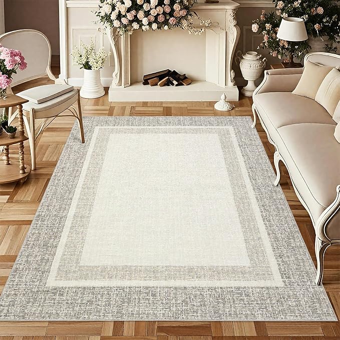 GAOMON 10x13 Area Rugs for Living Room Large Washable Rug Non Slip Modern Bordered Aesthetic Rug Soft Faux Wool Floor Cover Low Pile Foldable Thin Mat for Bedroom Nursery Playroom Home Office Beige