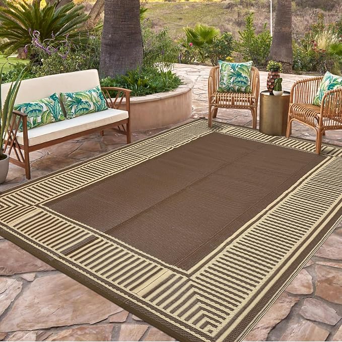 Garvee 8x10 Outdoor Rug Waterproof Plastic Straw Rug Outdoor Patio Rugs Reversible Mat Easy Clean Foldable Lightweight Large Area Rugs for Patio Porch Backyard Camping RV Beach Balcony Border Brown