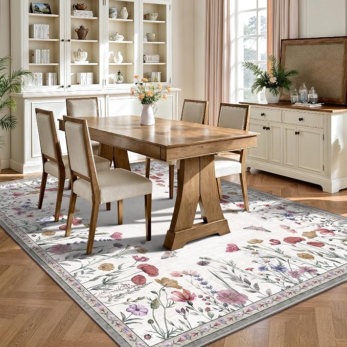 5x7 Area Rugs, Rugs for Bedroom, Indoor Non-Slip Washable Rug for Living Room, Dining Room, Low Pile Home Decor Floral Rug(Classic Beige)