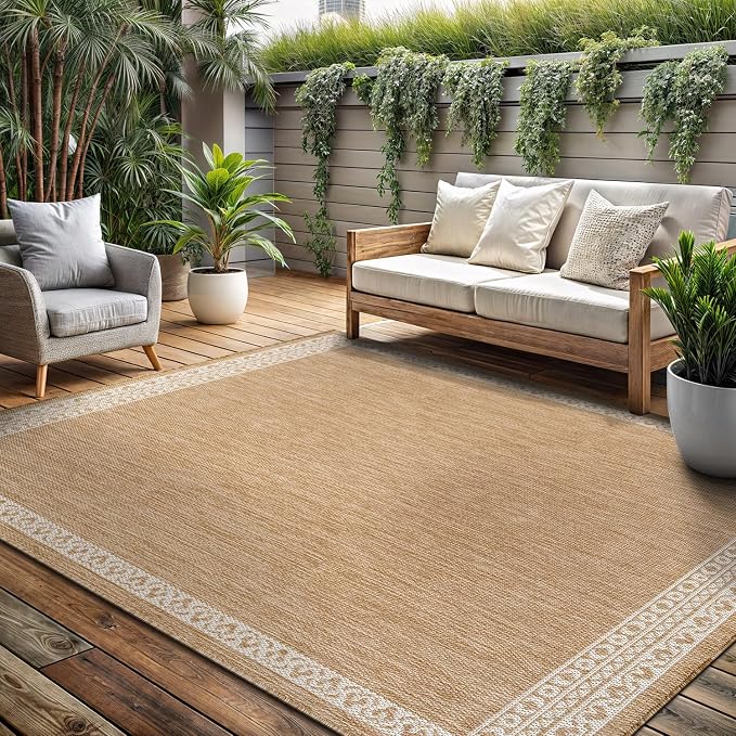 Washable Outdoor Rug 6x9 Modern Area Rugs Outdoor Carpets Bordered Pattern Non Shedding Waterproof Easy Clean Patio Deck Porch Living Room Bedroom Garden RV (6 X 9 Natural)